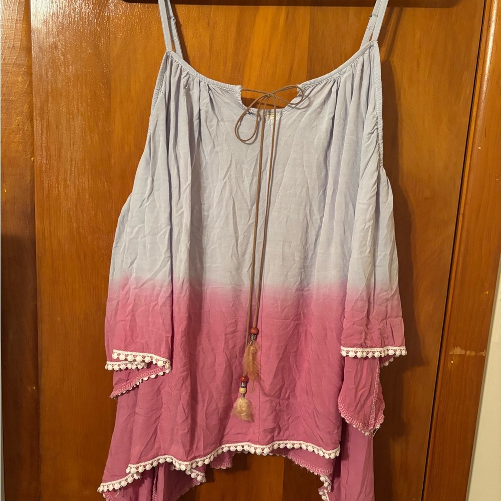 Boutique Pink and Blue Ombré Blouse with Tie Detail